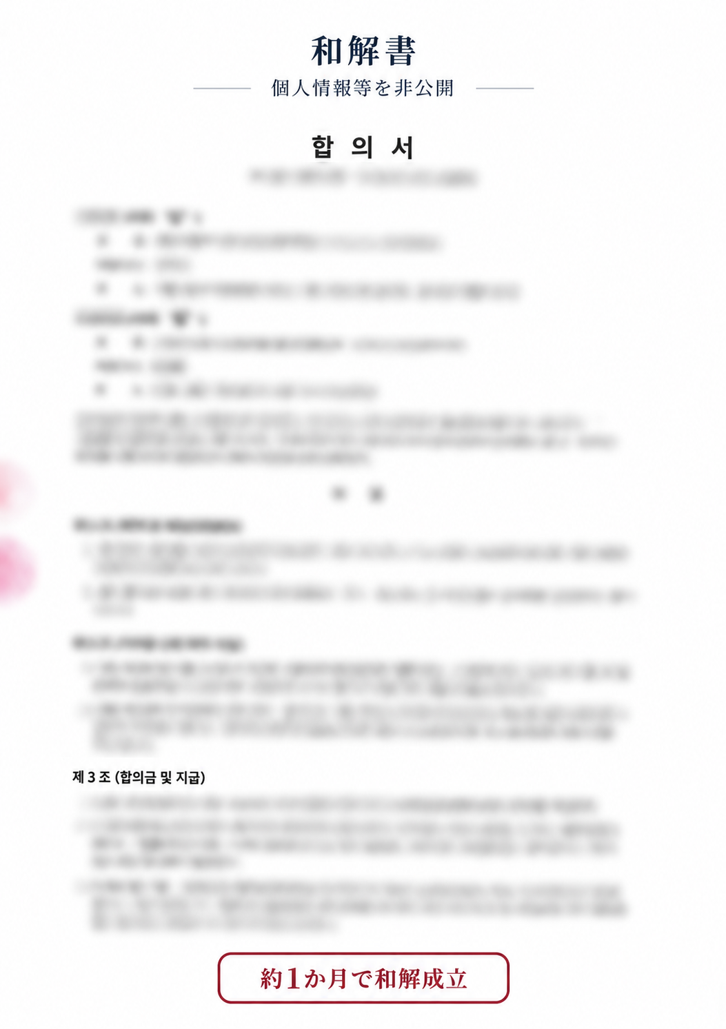 個人情報等を非公開とし、日本語の見出しと解決結果の説明を付した和解書の参考画像